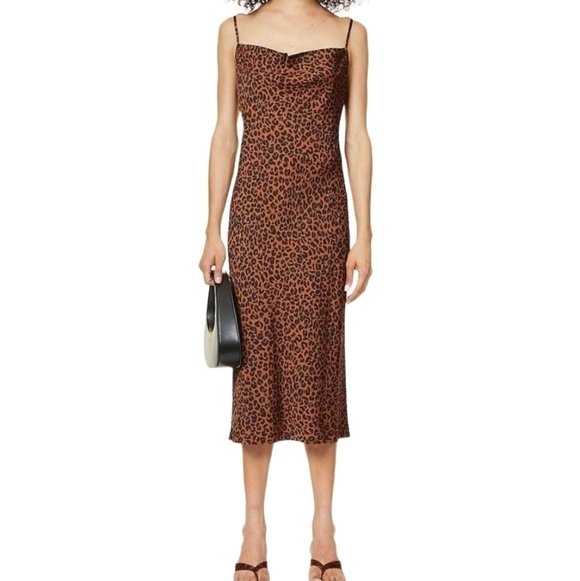 Good American Brown Black Chai Leopard Satin Midi Slip Dress woven Intimate - Picture 3 of 16